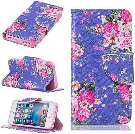 iPhone 5/5S/5 SE Case with [Tempered Glass Screen Protector], Wallet Leather Case with [Color Decoration], [Flap Closure],[Wallet Folio], [Bracket Case]( Purple Flower)