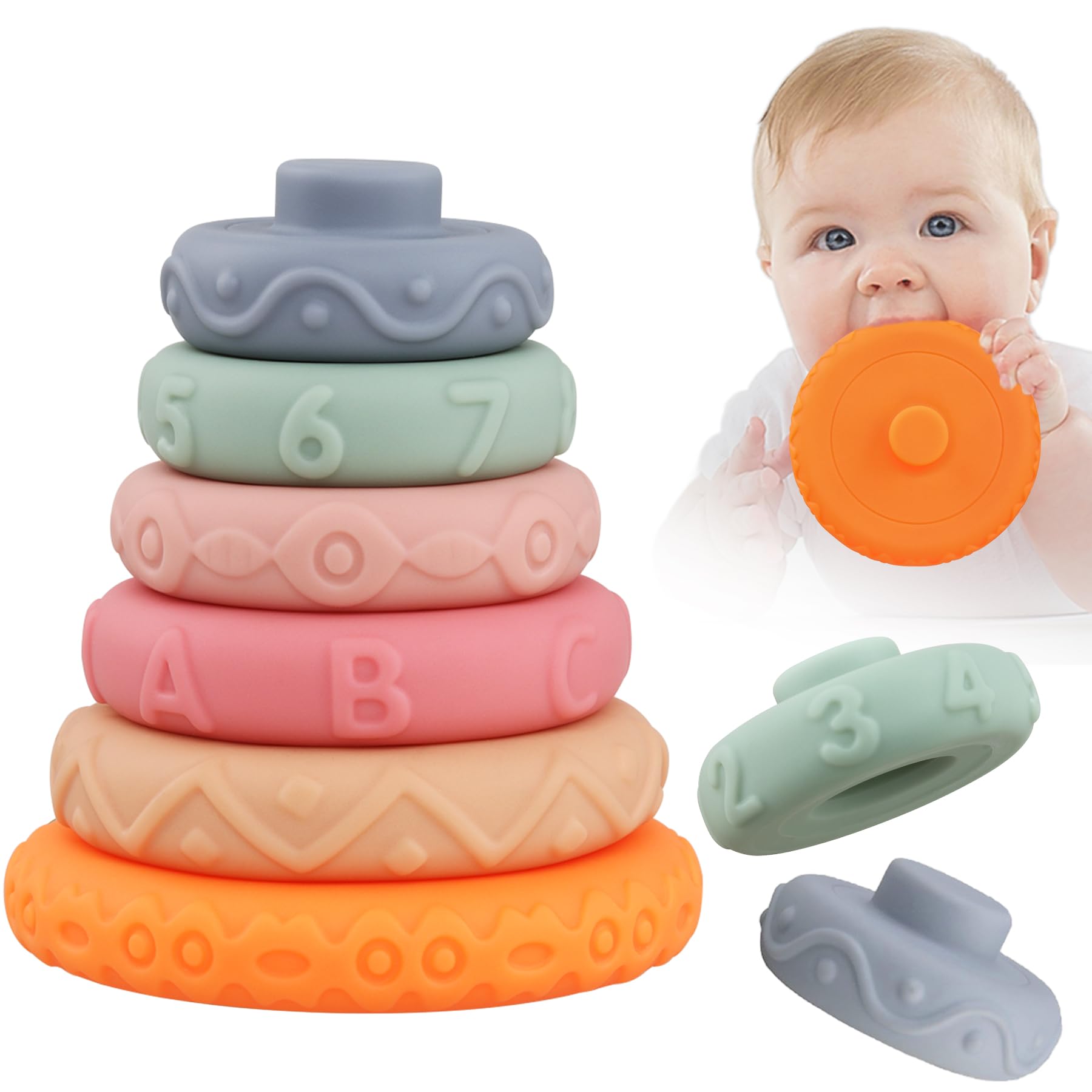 Photo 1 of Miawow 6 Pcs Stacking Rings Soft Toys for Babies Newborn 0-18 Months 1 Year Old Girls Boys - Toddler Sensory Educational Montessori Baby Blocks - Infant Development Teething Learning Easter Basket