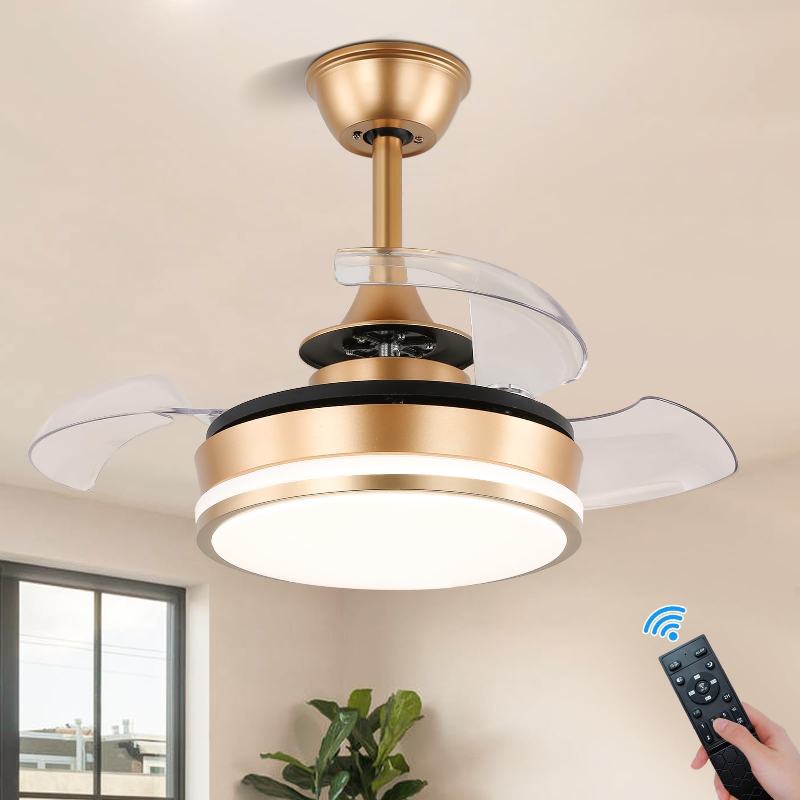 Photo 1 of Small Ceiling Fans with Lights 22'' Gold Chandelier Ceiling Fans Dimmable, Semi Flush Mount Ceiling Fans