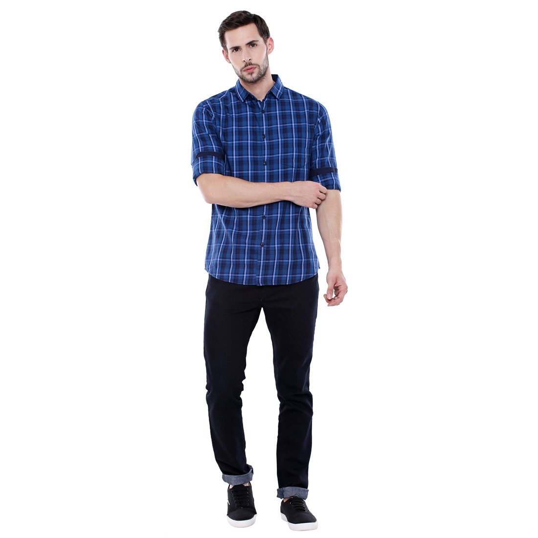 dennis lingo men's checkered blue slim fit casual shirt