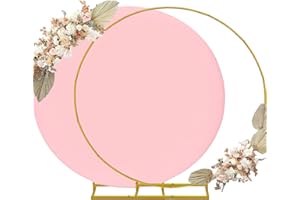 HAISIWLKJ 7.2ft Round Backdrop Stand and Pink Covers 1 Stable Balloon Arch Stand with Base and 1 Polyster Circle Arch Covers Metal Wedding Arch Backdrop Stand Frame for Parties Baby Shower Garden Decorations