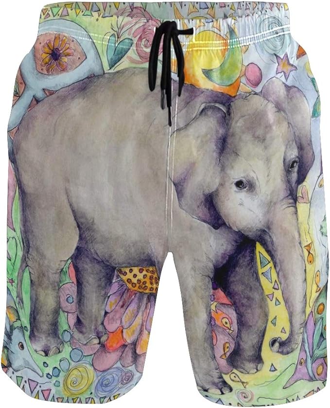 BIGJOKE Men's Abstract Elephant Floral Swim Trunks Quick Dry Beach
