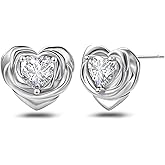 Rose Heart Stud Earrings S925 Sterling Silver Cubic Zirconia 3D Rose Flower Earrings Minimalist Dainty Romantic Floral Jewelry for Women Wife Her Anniversary Birthday Christmas