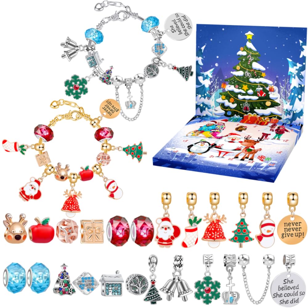 Girls Advent Calendar 2024 Bracelet Making Kit, 24 Days Christmas Countdown Calendar 24 Charms Beads, 2 Bracelets Xmas Jewelry Gift for Daughter, Granddaughter (Red+Silvery)
