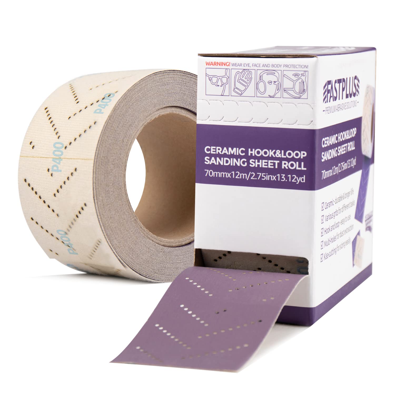 FASTPLUS Abrasive Sheet Roll, Purple Ceramic Automotive Sandpaper Roll,Multi-Hole, 70 mm x 12 m Rectangular Hand Torn Sandpaper for Wood Sanding,Coating Removal,Body Repair,400 Grit
