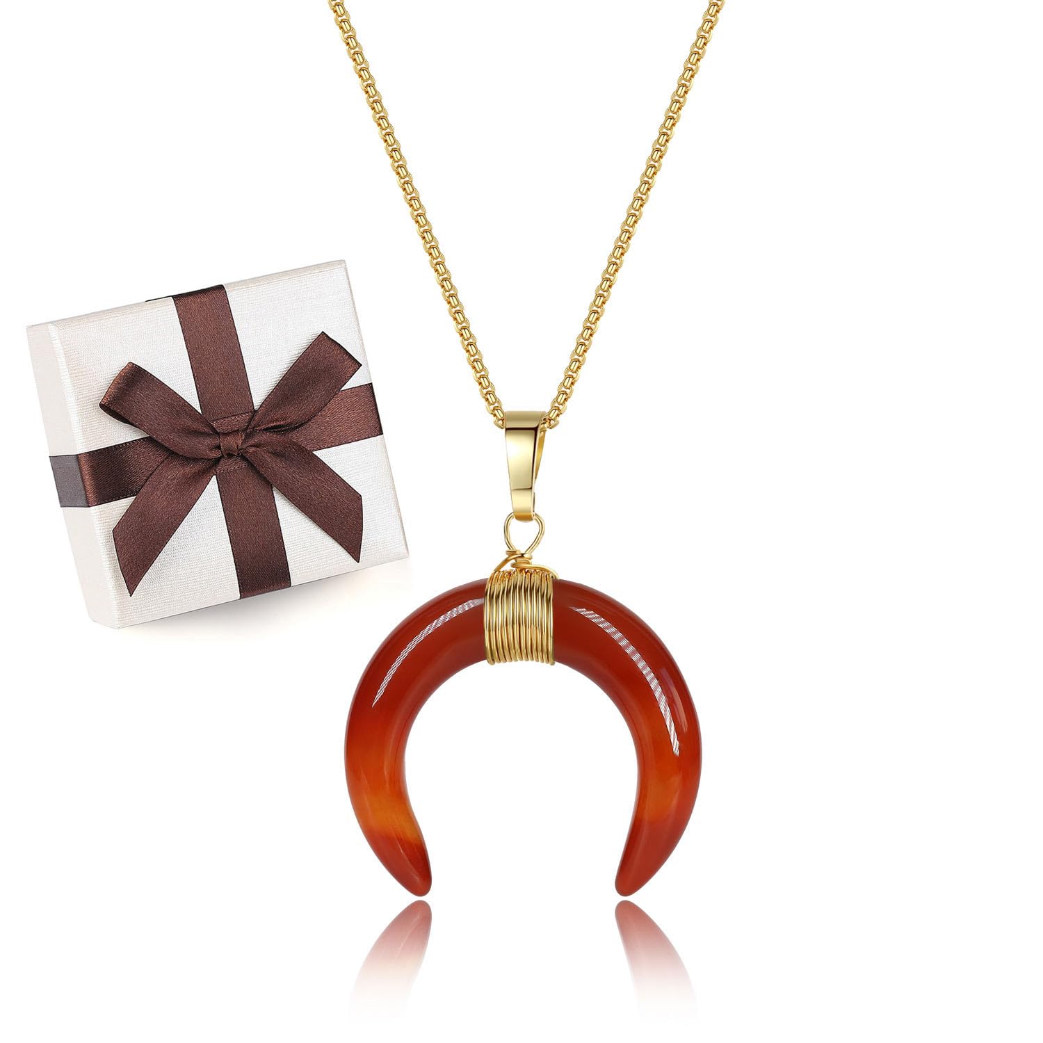 COAI Horn Crescent Moon Red Agate Stone Women's Pendant Necklace