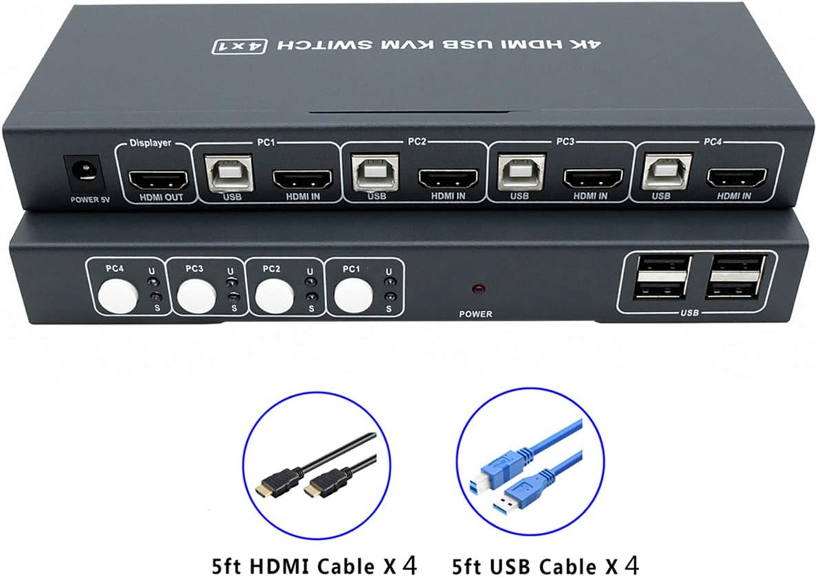 KVM Switch HDMI 4 Port Box,UHD 4K@30Hz & 3D & 1080P Supported,with USB and HDMI Cables