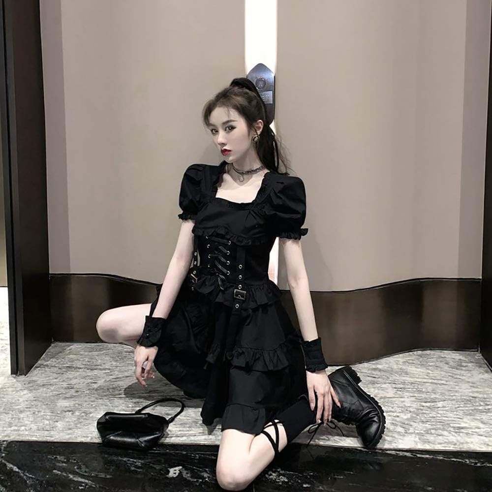 Amazon Co Jp Yemocile メンヘラ 服 ワンピース レディース ロリータ ゴシック ゴム 半袖 V系 ゴスロリ 黒 ブラック ミニ セクシー 夏服 服 ファッション小物