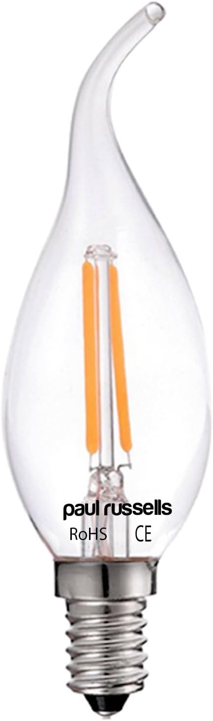 paul russells LED Flame Candle Filament Light, 2.5W 25W Equivalent Replacement, 250LM Lumens, 2700K Warm White