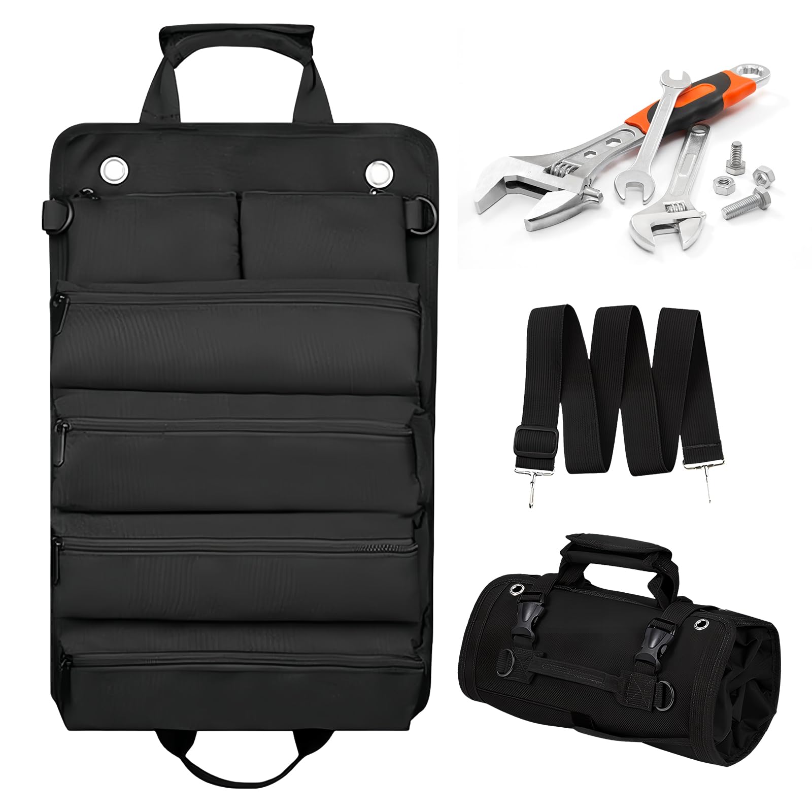 Tool Bag, Tool Pouch, Roll Up Small Tools Box Storage, Heavy Duty Tool Organizer, Multiple Pockets, Tool Gifts for Men Dad Husband Boyfriend Grandpa, Black