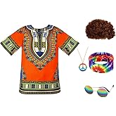 SpeedBeauty Hippie 5 pcs Halloween Costume for Mens 60s 70s T-Shirt Afro Wig Accessories Set for Party Cosplay