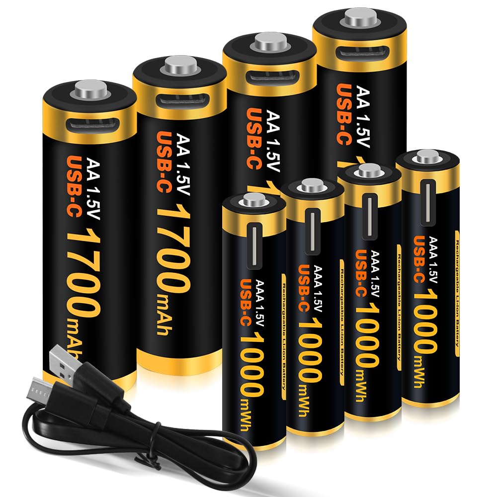 Rechargeable AA and AAA Lithium Batteries with USB-C Fast Charging 1000+ Cycles, 8pcs Combo Batteries Rechargeable Double A and Triple A 1.5V for Cameras