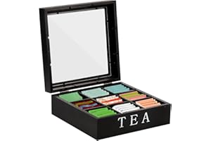 Wood Tea Bag Organizer Storage, 9 Compartment Tea Chest Box with Clear Lid, Tea Bag Holder, Tea Packet Caddy Storage Box, Lar