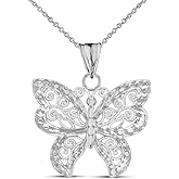 Animal Kingdom Elegant Sterling Silver Filigree & Sparkle-Cut Butterfly Charm Pendant Necklace
