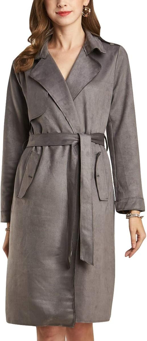 Trench Coat Women, Waterfall Long Belted Ladies Trench Coat with Pockets，Retro Fitted Lapel Lightweight Classic Slim Faux Suede Warm Coat for Spring Autumn Winter
