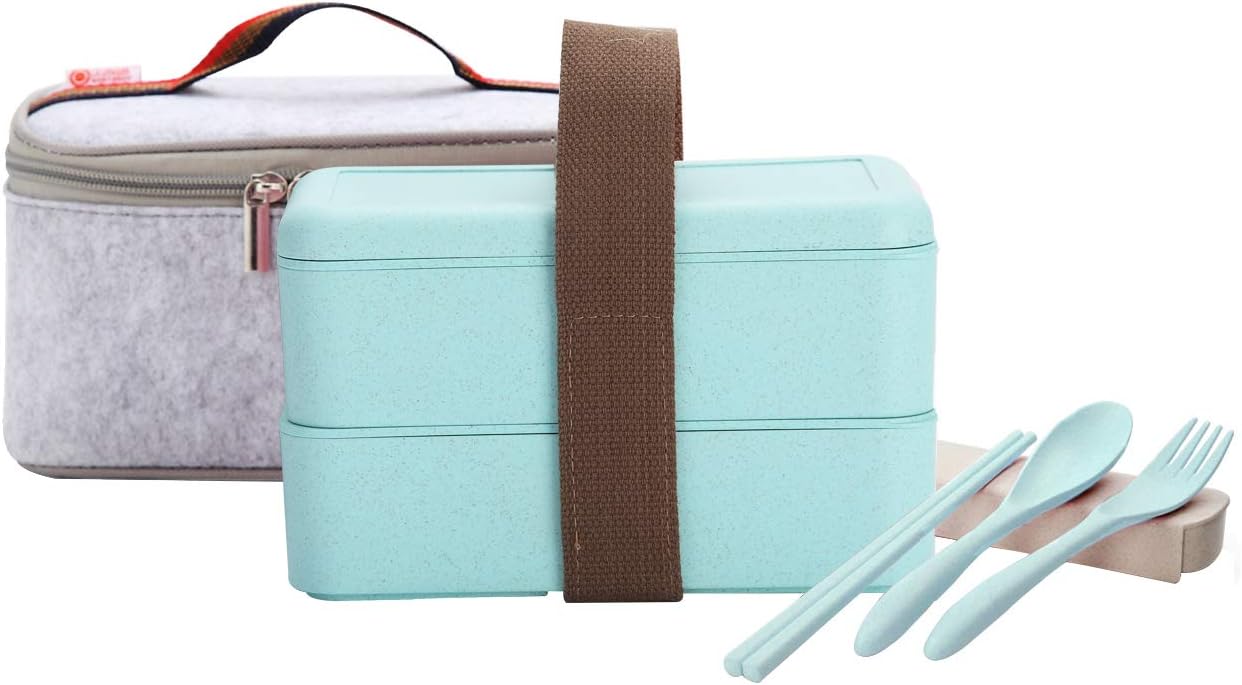 Worthbuy Bento Box Microwave Safe Stackbale 2 Tier Bento Lunch Box with Cutlery and Insulated Lunch Bag for Kids and Adults (Green)
