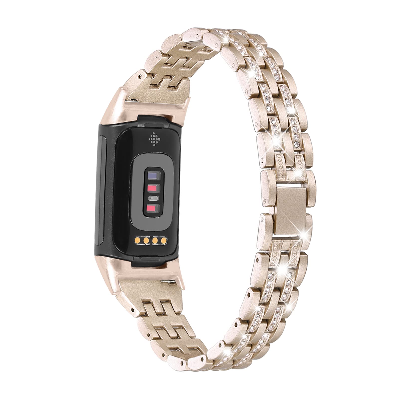 Mtozon Bling Bands Compatible with Fitbit Charge 6/Charge 5, Metal Bracelet Luxurious Rhinestone Replacement Wristband for Women, Soft Gold