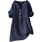 Nantdog Linen Tops for Women Summer V Neck Short Sleeve Blouses Ligthweight Casual Gauze Shirts Senior Clothes Beach
