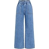 SweatyRocks Girl's Wide Leg Denim Pants Elastic High Waisted Loose Jeans with Pocket