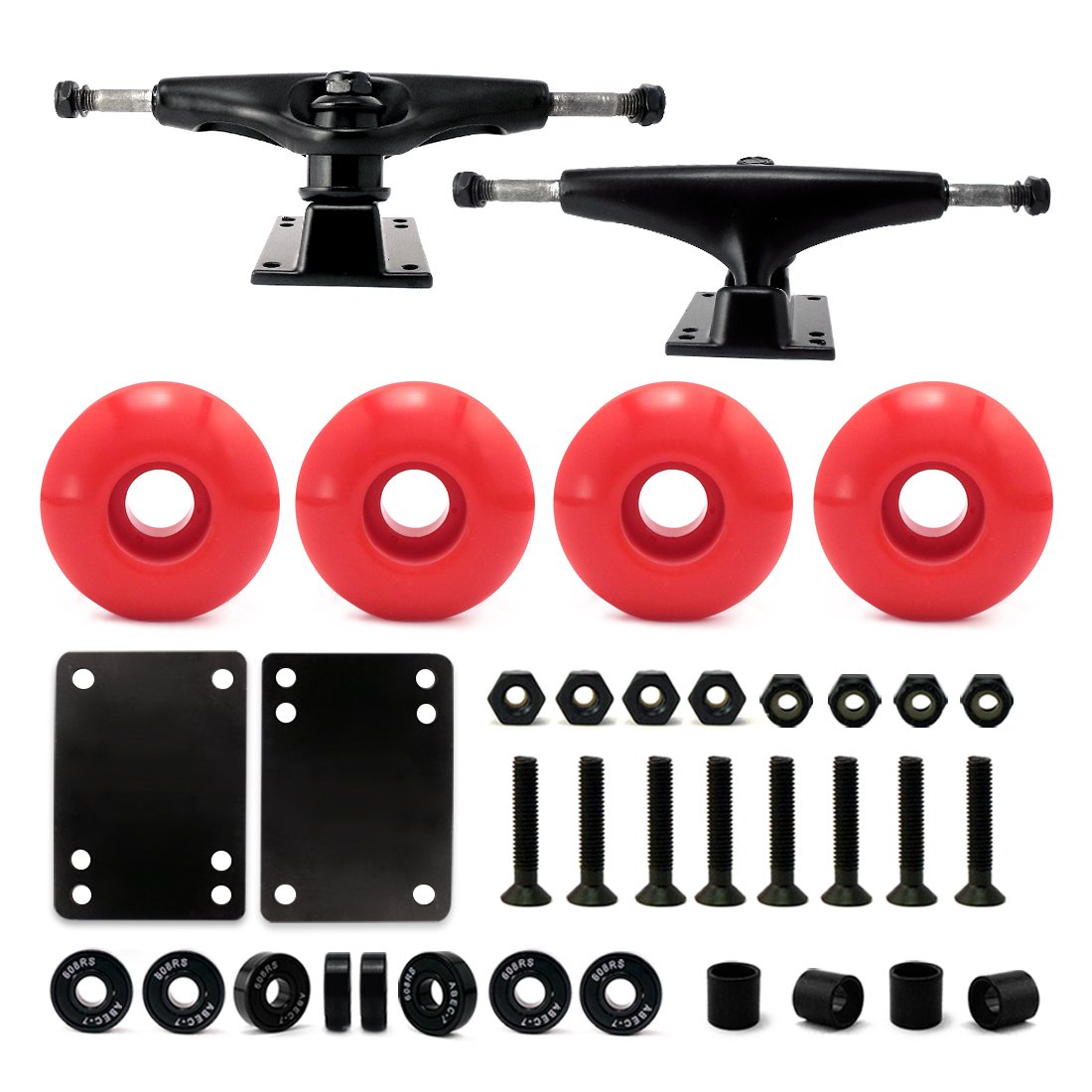 VJ 5.0 Skateboard Trucks (Black), Skateboard Wheels 52mm, Skateboard Bearings, Skateboard Pads, Skateboard Hardware 1" (52mm red)