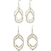 Two Pairs of Teardrop Dangle Earrings, Gold/Silver Color Shiny Earrings for Women, Statement Twisted Double Linear Earrings Silver Color