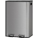 GarveeHome 2 x 8 gal Stainless Steel Double Trash Can with Lid for Kitchen, Large Dual Trash and Recycle Bin Combo, Step-on Kitchen Metal Garbage Cans, PP Inner Buckets, Liner Rim, Matte Grey