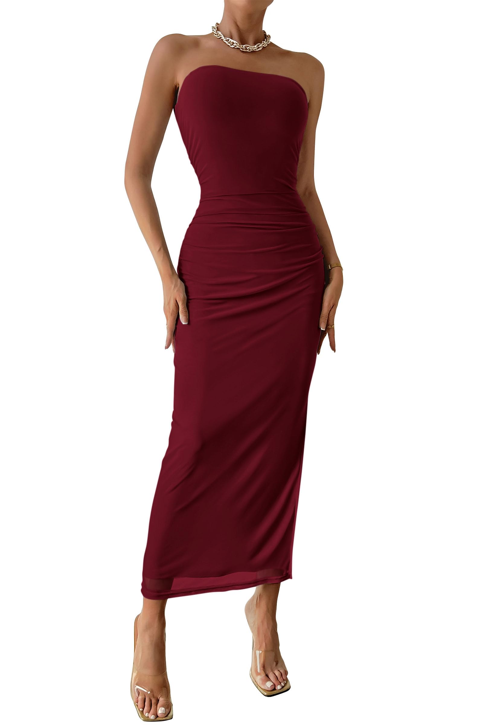 Photo 1 of PRETTYGARDEN Women's Summer Wedding Guest Dress Strapless Tube Top Maxi Bodycon Long Mesh Beach Vacation Party Dresses (Solid Wine Red,Small)