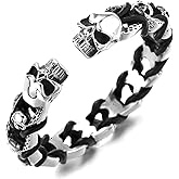 COOLSTEELANDBEYOND Men Women Steel Skulls Solid Link Chain Cuff Bangle Bracelet Interwoven with Black Leather