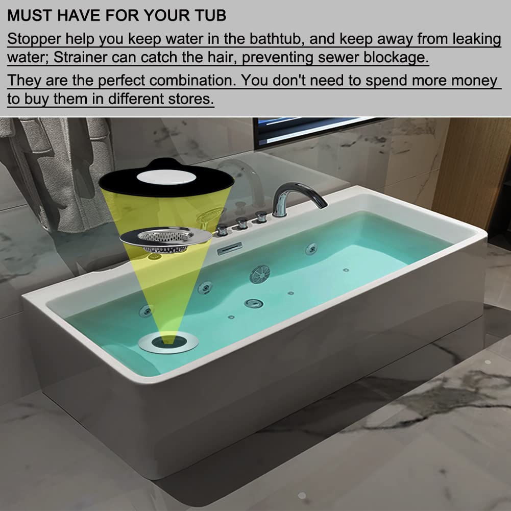 Seatery 2PCS Bathtub Stopper Hair Catcher Kit, Bathtub Drain Strainer, Tub Stopper Plug Cover, Sink Filter, Silicone Drain Stopper for Bathroom, Laundry (Black)