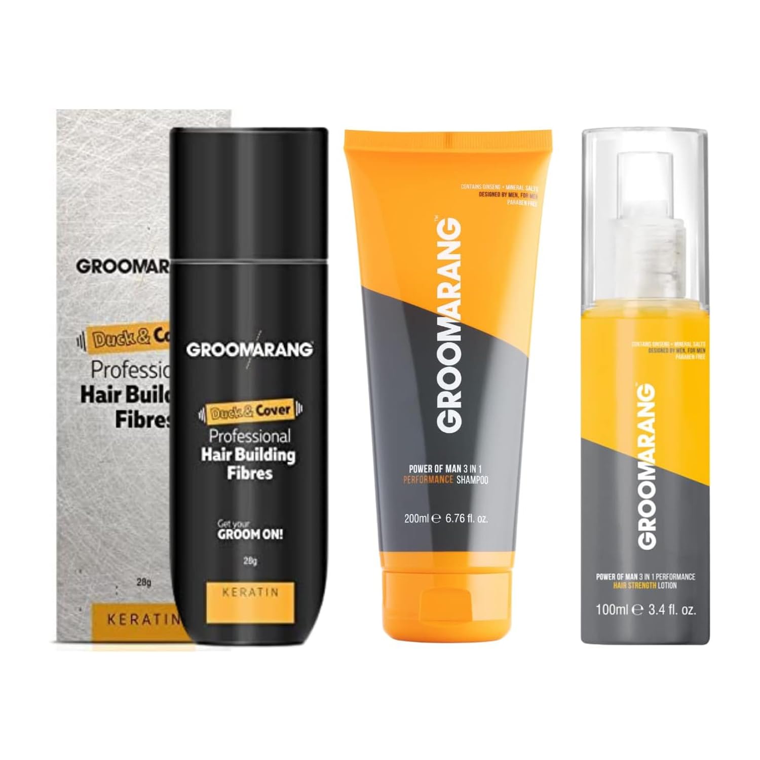 Hair Fibres GROOMARANG Keratin Hair Building Fibres for Thinning Hair - Instantly Conceals Thinning Areas for Fuller Thicker Hair - For Men & Women 28g + Shampoo & Hair Loss Lotion (Black)