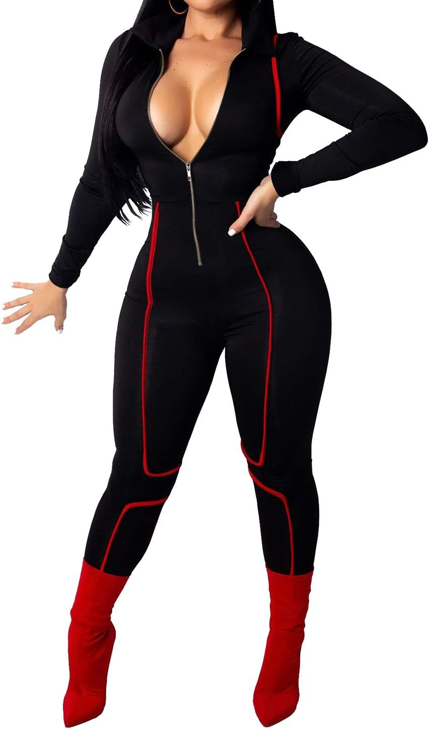 Sprifloral Womens Long Sleeve Solid Zipper Bodycon Jumpsuit One Piece Outfits Jogging Suit