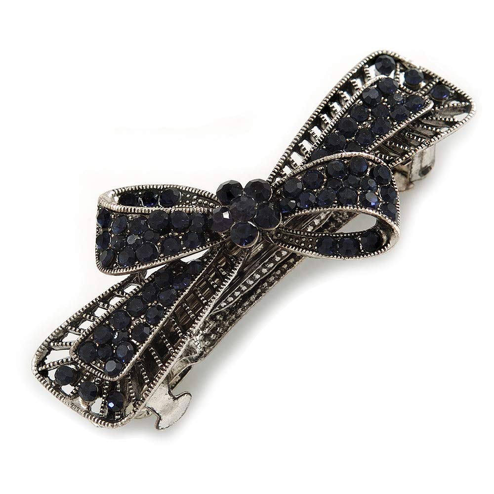 Small Vintage Inspired Midnight Blue Crystal Bow Barrette Hair Clip Grip In Aged Silver Finish - 60mm Across