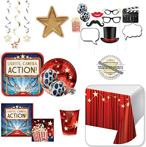 Hollywood Theme Party Decorations - Movie Night Premier Party Supplies -81 Pieces- Home Theater or Birthday Kit: Hollywood Photo Booth Props Cups Plates Popcorn Napkins Table Cloth Streamers -8 Guests