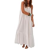 R.Vivimos Women's Summer Cotton Maxi Dress Adjustable Spaghetti Strap Boho Casual Backless Ruffle Loose Fit Flowy Dress