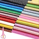 Sntieecr 24 Colors PU Leather Glitter Fabric Sheets, 12.6” x 8.6” (32cm x 22cm) Shiny Superfine Fabric Canvas Back with Scissors for Making Hair Bows, Handbag and DIY Craft