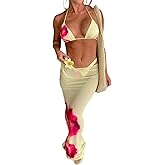 QJQ Women's 3 Piece Sexy Floral Print Bikini Set Halter Triangle Swimsuit with Mesh Maxi Skirt Bathing Suits 2026 Summer