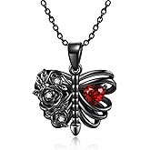 AXOMY Halloween Necklace 925 Sterling Silver Black Rose Rib Cage Heart Pendant Necklace Halloween Jewelry Gifts for Women Gothic Party