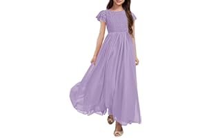 HOSIKA Girls Vintage Chiffon Ruffle Sleeve A-Line Wedding Party Maxi Junior Bridesmaid Dress for Kids 6-12 Years
