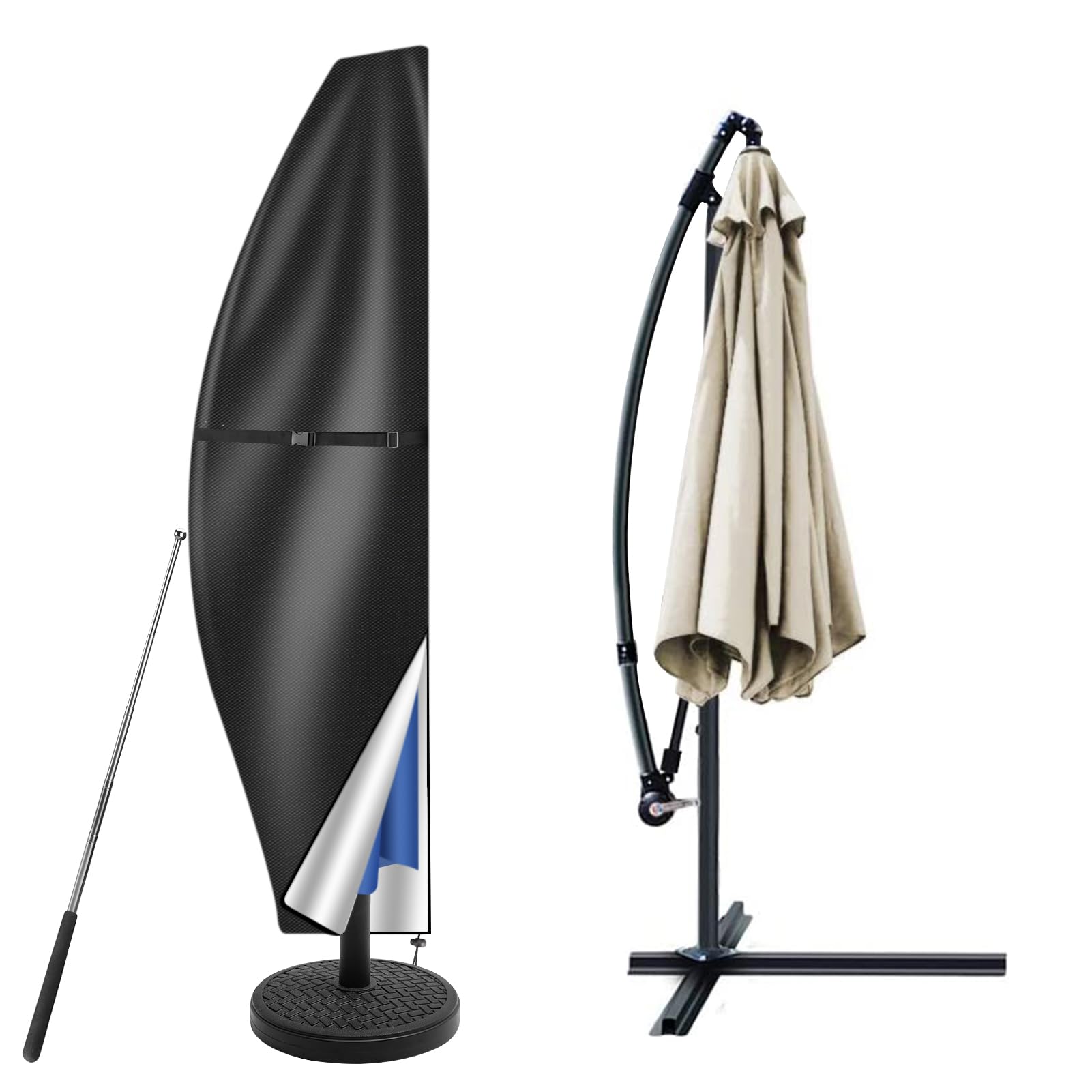 Teynewer Parasol Cover Waterproof, Cantilever/Straight Parasol Protective Cover with Telescopic Pole and Zipper Fit for 2 to 4 m Diameter Umbrella Patio Parasol UV-Anti Windproof (280x30x81/46cm)