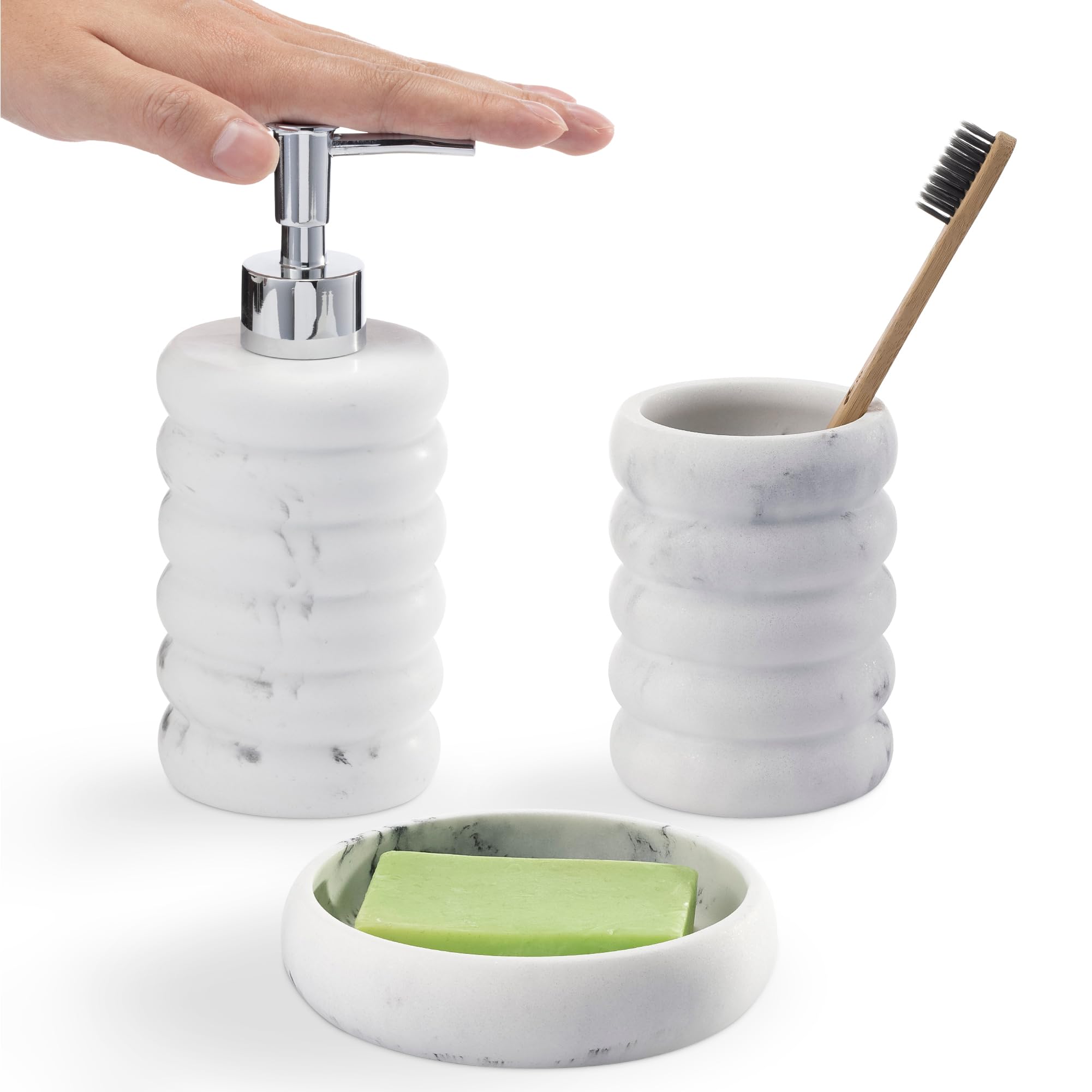 Navaris Decorative Bathroom Accessories Set - 3-Piece Bath Accessory Kit with Toothbrush Holder Liquid Soap Dispenser and Soap Dish Tray Set - White Marble