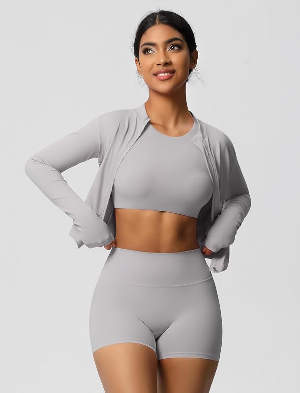Sport-Set Damen 3-teilig mit Sportjacke: Gym Set Laufjacke + kurz Leggings + Kurzarm Tank Top mit BH - Sportkleidung für Sport, Fitness, Yoga und Pilates hellgrau L