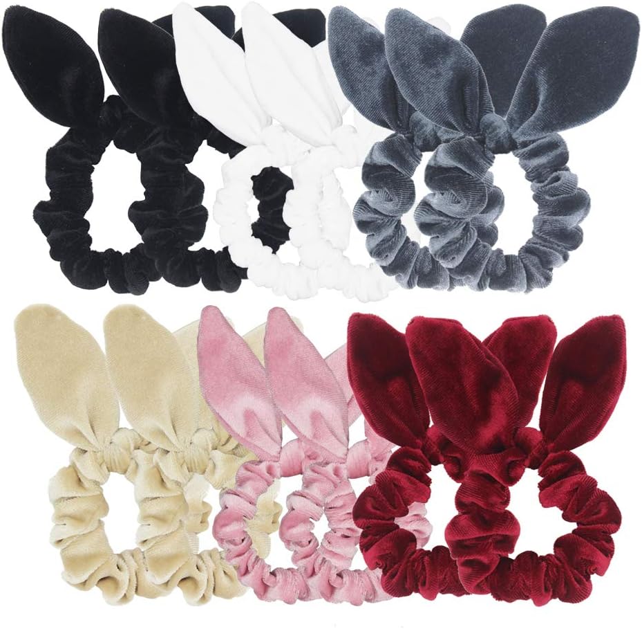 Pack of 12 Bunny Ear Hair Scrunchies Velvet Scrunchy Bobbles Elastic Hair Bands (Popular Mix Colors)