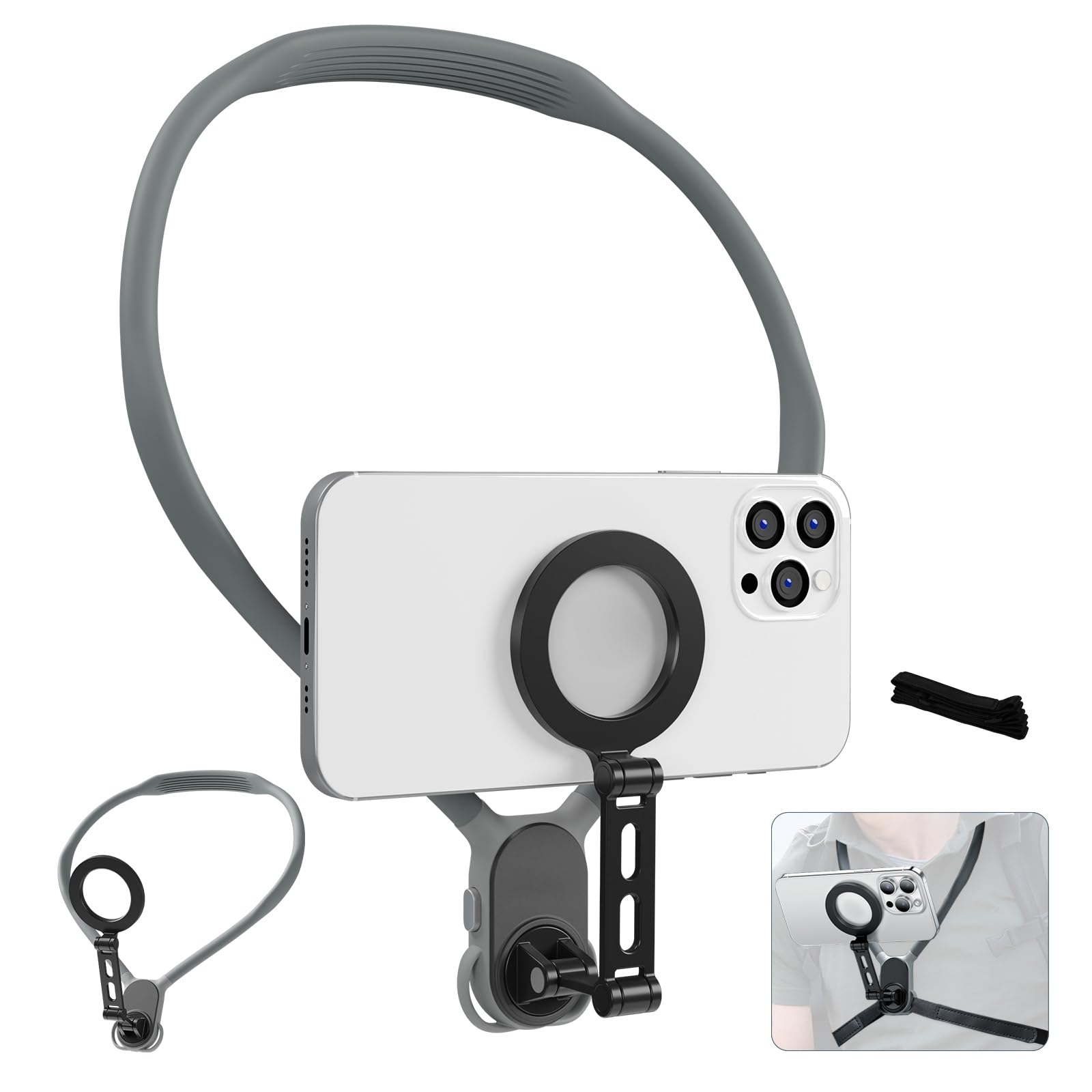 TaoAcc Max Magnetic Neck Mount for Phones 700mm, Neck Cell Phone Holder POV/Vlog Selfie Mount Hand Free Phone Neck-Holder Chest Stand Strap Video Recording for iPhone Android Phones(Gray)