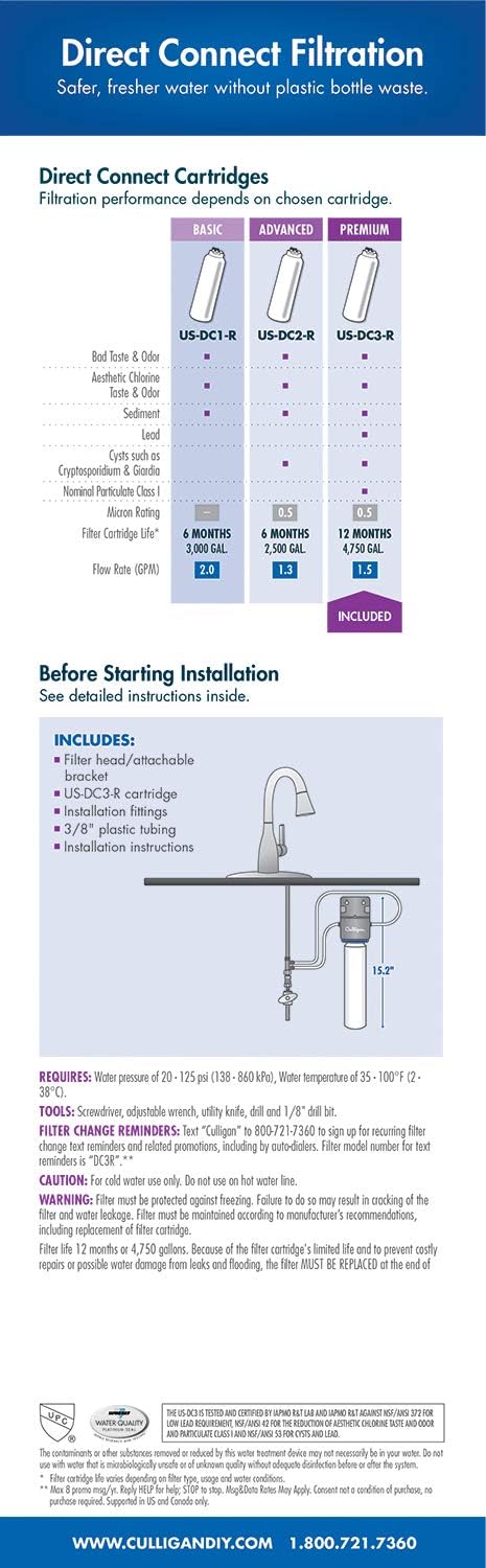 CULLIGAN US-DC3 Under Sink Direct Connect Premium Lead Filtration System, White - - 