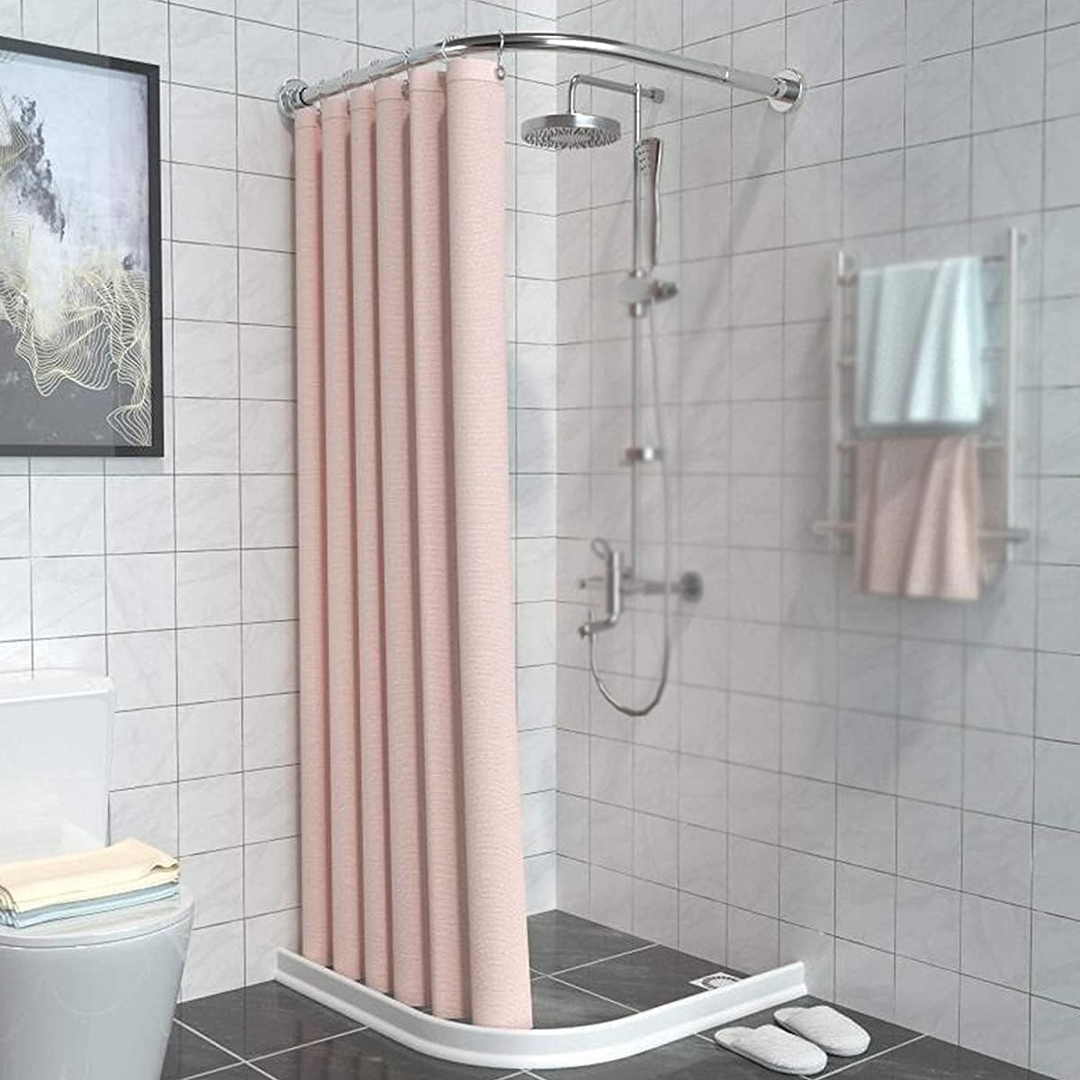 Curved Shower Curtain, Shower Accessories with Adjustable L Shaped Rod