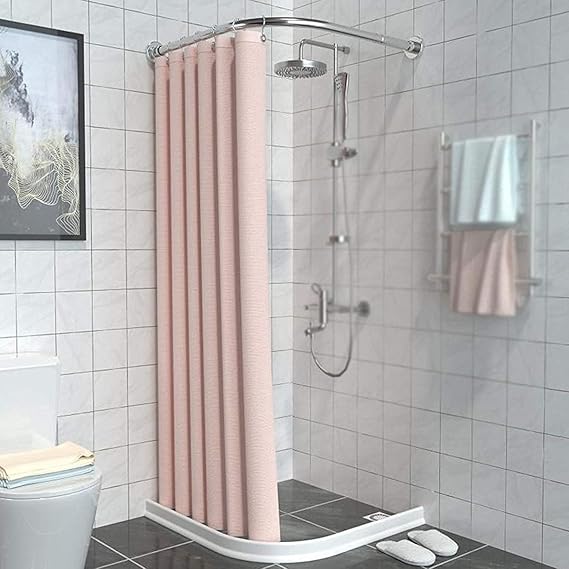 Curved Shower Curtain, Shower Accessories with Adjustable L Shaped Rod