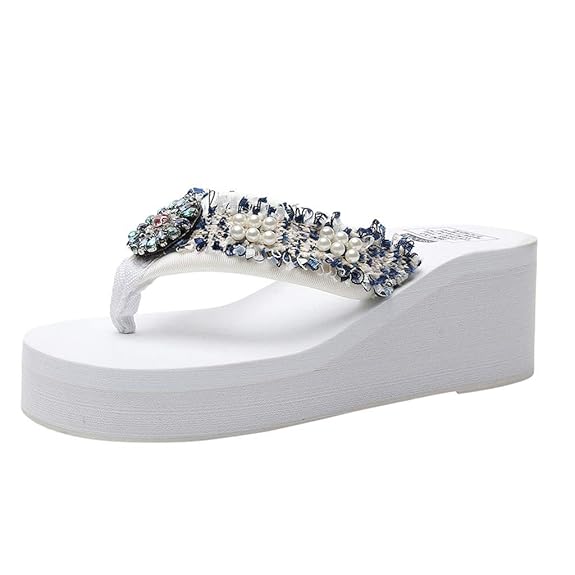 Deloito Damen Blumen Pantoletten Wedges Sandalen Bohemien Stil Flip Flops Mädchen Einfarbig Strasssteine Perle Hausschuhe 18 