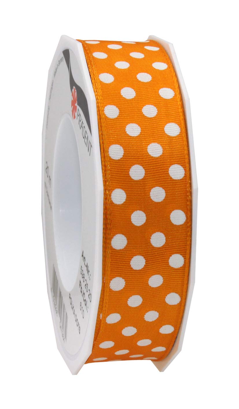 Präsent - Polka Dots Wired & Printed Ribbon Orange-White 25 mm Width, 20 m Length