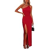 PRETTYGARDEN Women's Summer Formal Wedding Guest Dresses One Shoulder Spaghetti Strap High Slit Maxi Bodycon Dress