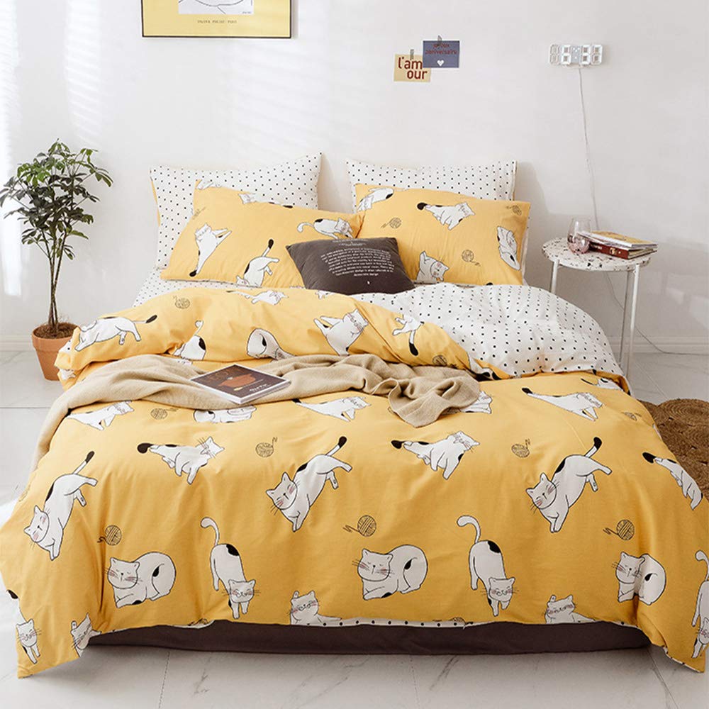 Cartoon Cat Duvet Cover Cotton Kids Girls Bedding Set Twin White Cat  Cartoon Comforter Cover Set for Teens Boys Reversible Plaid Cotton Duvet  Quilt